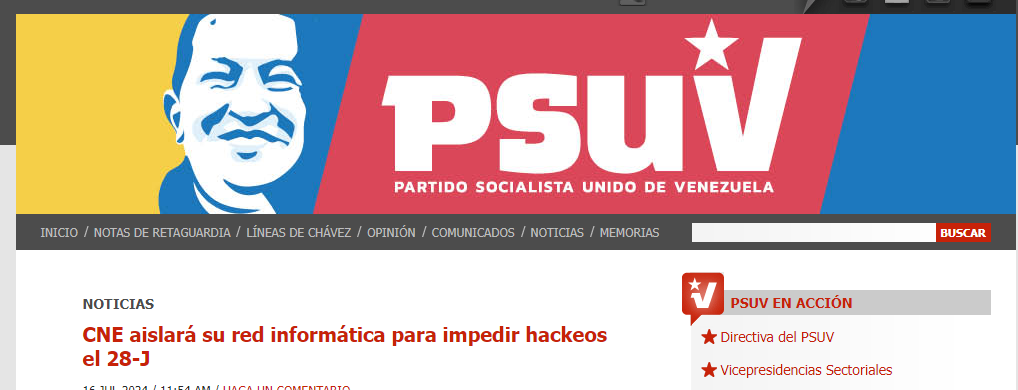 Cybersecurity news item on the PSUV website
